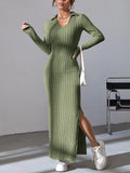 Fashion Long Knit Wear Women's Knitted Lapel Long Sleeve Dress