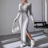 Fashion Long Knit Wear Women's Knitted Lapel Long Sleeve Dress