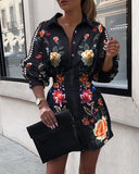 Fashion Top Black printed waist shirt, lantern sleeve shirt