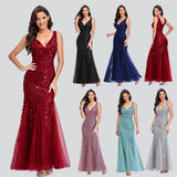 Fashion Gown Sexy Long Dress Sleeveless V-neck Embroidered Sequin Slim Mermaid Dress