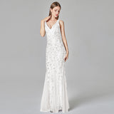 Fashion Gown Sexy Long Dress Sleeveless V-neck Embroidered Sequin Slim Mermaid Dress