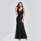 Fashion Gown Sexy Long Dress Sleeveless V-neck Embroidered Sequin Slim Mermaid Dress