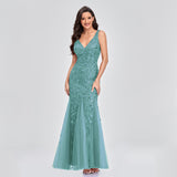 Fashion Gown Sexy Long Dress Sleeveless V-neck Embroidered Sequin Slim Mermaid Dress