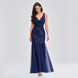 Fashion Gown Sexy Long Dress Sleeveless V-neck Embroidered Sequin Slim Mermaid Dress