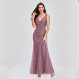 Fashion Gown Sexy Long Dress Sleeveless V-neck Embroidered Sequin Slim Mermaid Dress