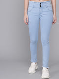 3 Button Frey Hem Stretchable Ankle Length High Waist Slim Women Black Jeans Light Blue