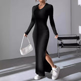 Fashion Long Knit Wear Women's Knitted Lapel Long Sleeve Dress