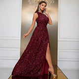 Fashion Gown Sequined Slant Shoulder Party Dress High-end Slit