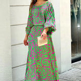 Fashion Trendy 2pcs Women's Dress Suits Fashion Loose Printed Long Sleeve Top And High Waist Long Skirt