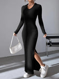 Fashion Long Knit Wear Women's Knitted Lapel Long Sleeve Dress