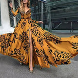 Fashion Dress Maxi Deep V-neck Long-sleeved Printed Dress With Large Swing Dress New