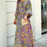 Fashion Trendy 2pcs Women's Dress Suits Fashion Loose Printed Long Sleeve Top And High Waist Long Skirt