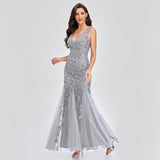 Fashion Gown Sexy Long Dress Sleeveless V-neck Embroidered Sequin Slim Mermaid Dress