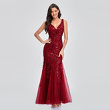 Fashion Gown Sexy Long Dress Sleeveless V-neck Embroidered Sequin Slim Mermaid Dress