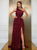 Fashion Gown Sequined Slant Shoulder Party Dress High-end Slit