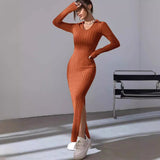 Fashion Long Knit Wear Women's Knitted Lapel Long Sleeve Dress