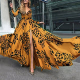 Fashion Dress Maxi Deep V-neck Long-sleeved Printed Dress With Large Swing Dress New