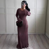 Fashion Maxi Solid Color Round Neck Long Sleeve Slim Fit Stringy Selvedge Dress