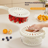 Kitchen Fruit Drain Basket With Lid Vegetable Washing Bowl Foldable Handle Cleaning Colander Plastic Refrigerator Crisper Kitchen Box Kitchen Gadgets