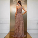 Fashion Gown Sequined Slant Shoulder Party Dress High-end Slit