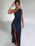 Fashion Maxi Gown Satin Dress Sexy One-shoulder Backless Slit Dress Elegant Solid Color Satin Dresses For Women