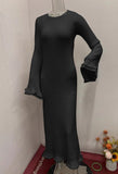 Fashion Maxi Solid Color Round Neck Long Sleeve Slim Fit Stringy Selvedge Dress