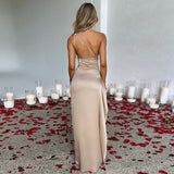 Fashion Maxi Gown Satin Dress Sexy One-shoulder Backless Slit Dress Elegant Solid Color Satin Dresses For Women