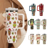 Flask/Water Bottle New Christmas Pattern Mug With Handle Lid Straw Drinkware Stainless Steel Vacuum Tumbler Large Capacity Car Travel Coffee Cup