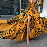 Fashion Dress Maxi Deep V-neck Long-sleeved Printed Dress With Large Swing Dress New