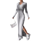 Fashion Long Knit Wear Women's Knitted Lapel Long Sleeve Dress