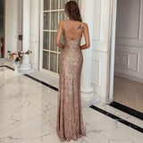 Fashion Gown Women V Neck Sequin Spaghetti Strap Maxi Dress Party Dress