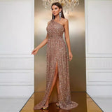 Fashion Gown Sequined Slant Shoulder Party Dress High-end Slit