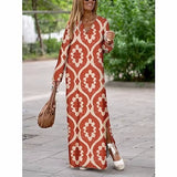 Fashion Maxi New Geometric Printed V-neck Long Dress Fashion Long Sleeve Slit Dresses For Women