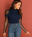 Casual Juliet Sleeve Solid Women Maroon Top DARK BLUE