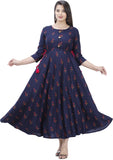 Women Floral Print Flared Kurta Navy Blue